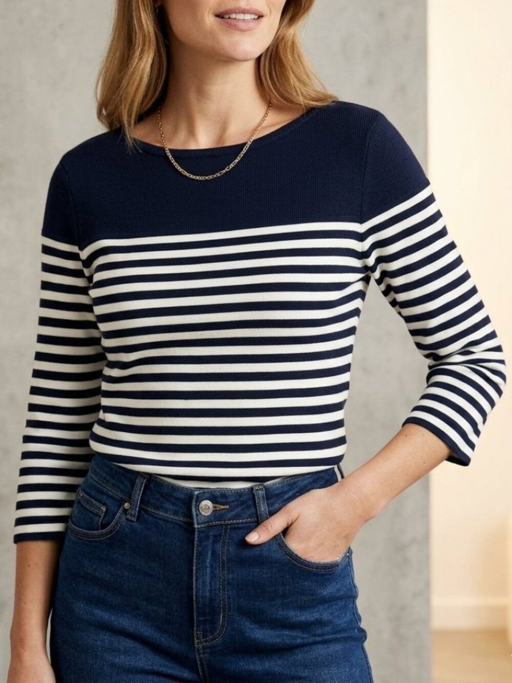 Wallis Blue White Nautical Stripes 3/4‎ Length Sleeves Top Size Medium